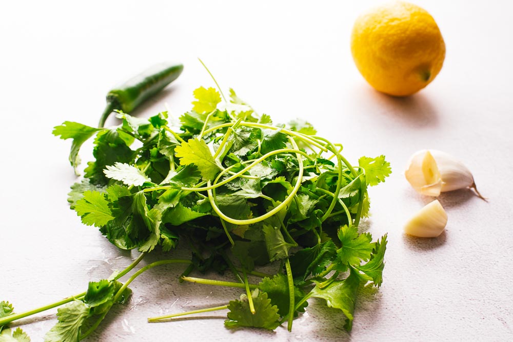 A rinsed bunch of coriander with garlic, green chilli and a lemon.