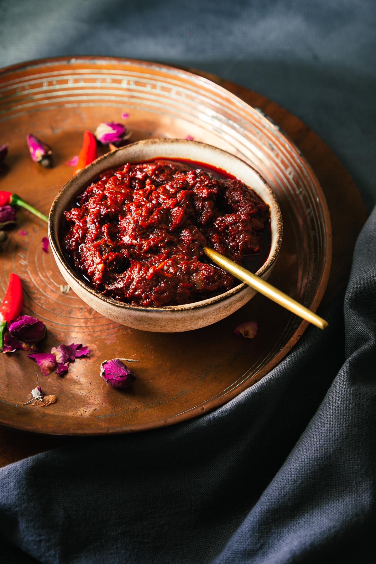 Close-up of homemade harissa paste.