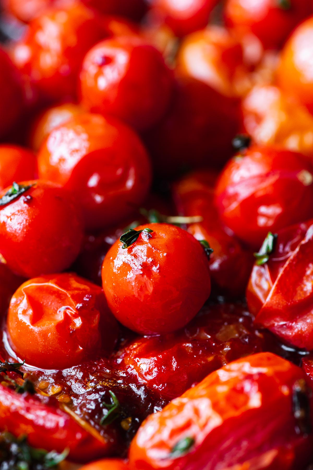 Close-up of oven-roasted cherry tomatoes.
