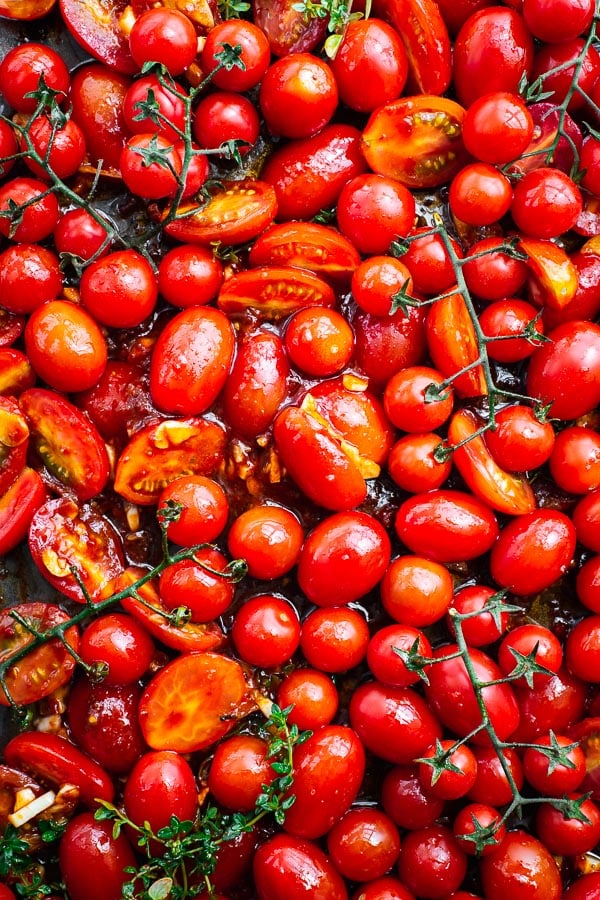 Tomatoes in marinade viewed from above.