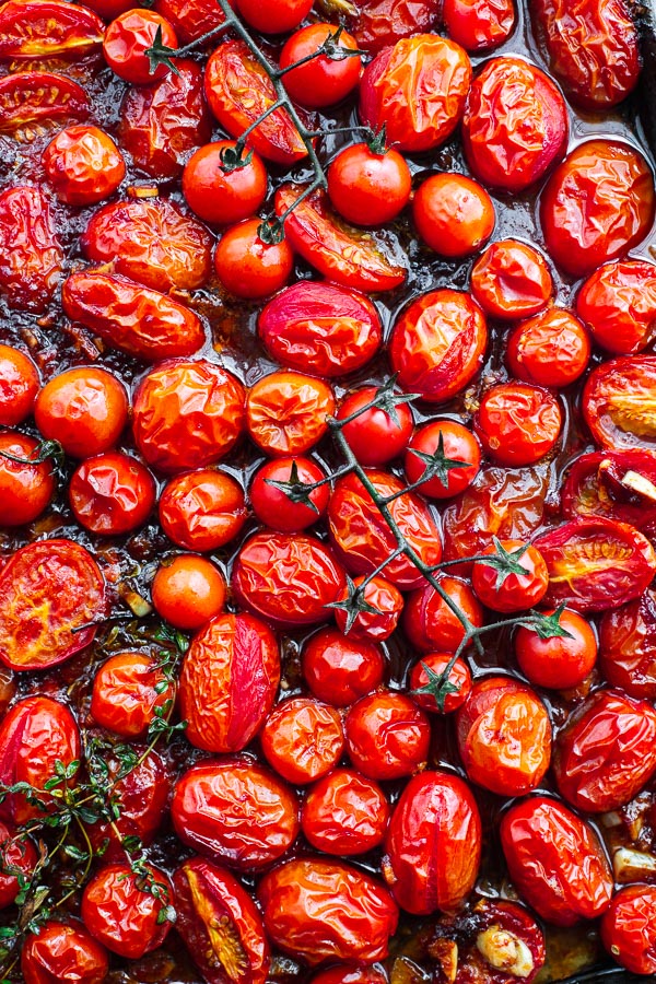 Top down view of oven-roasted harissa tomatoes.
