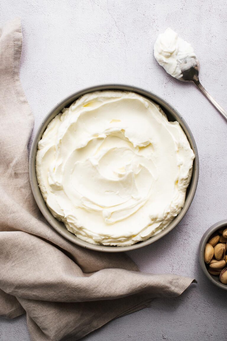 Creamy homemade labneh cheese made from shop-bought Greek yoghurt.