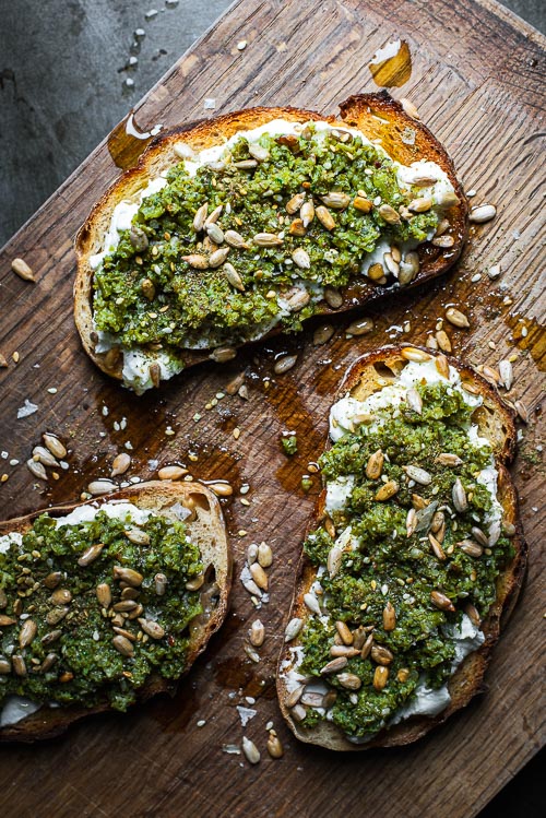Broccolini pesto with labneh on sourdough toasts.