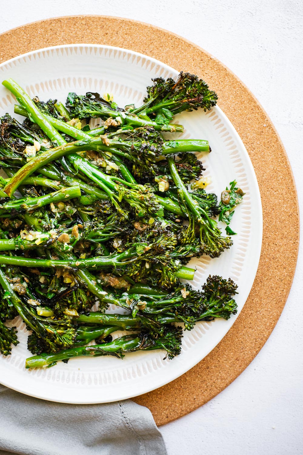 Charred broccolini (tenderstem broccoli) with preserved lemon marinade.