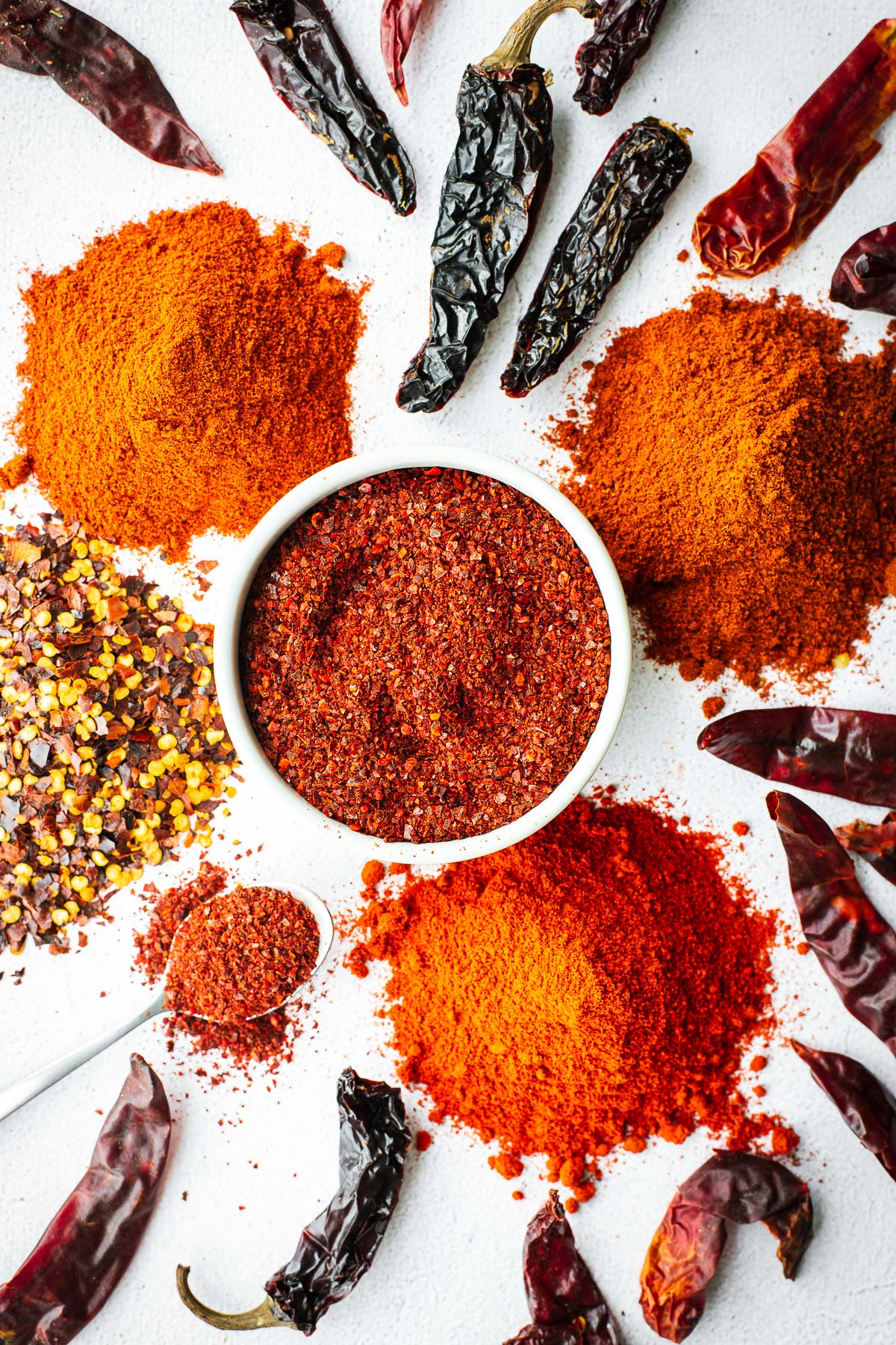 A top-down view of Korean chilli flakes (gochugaru) surrounded by different substitutes, including paprika, dried chillies, red pepper flakes and Kashmiri chilli powder. 