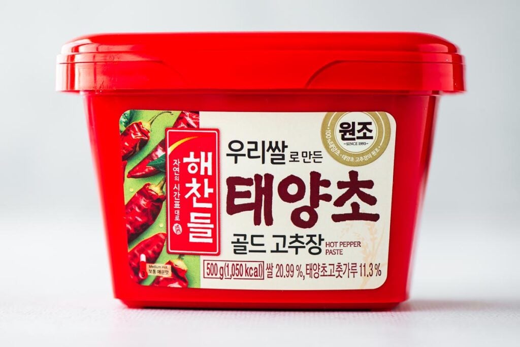 A classic red gochujang tub.