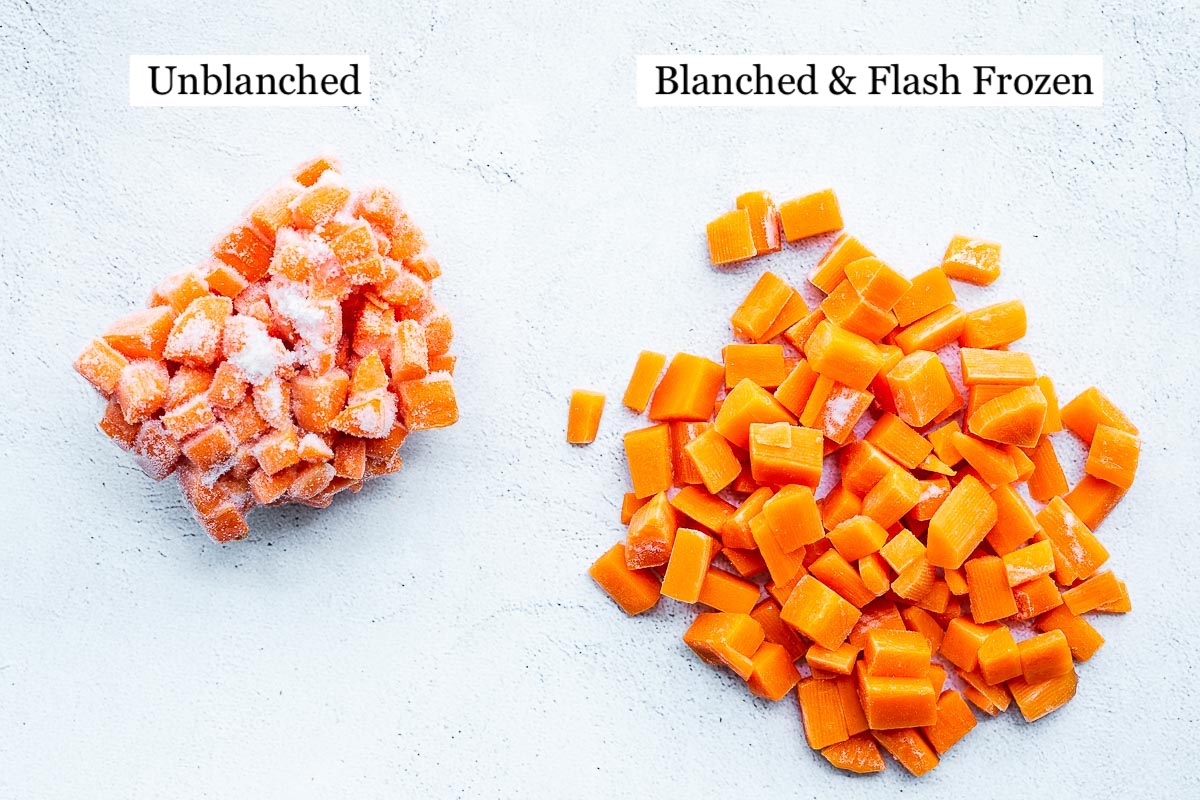 Blanched and flash frozen carrots vs unblanched carrots. The unblanched carrots form a cluster and shows signs of freezer burn.