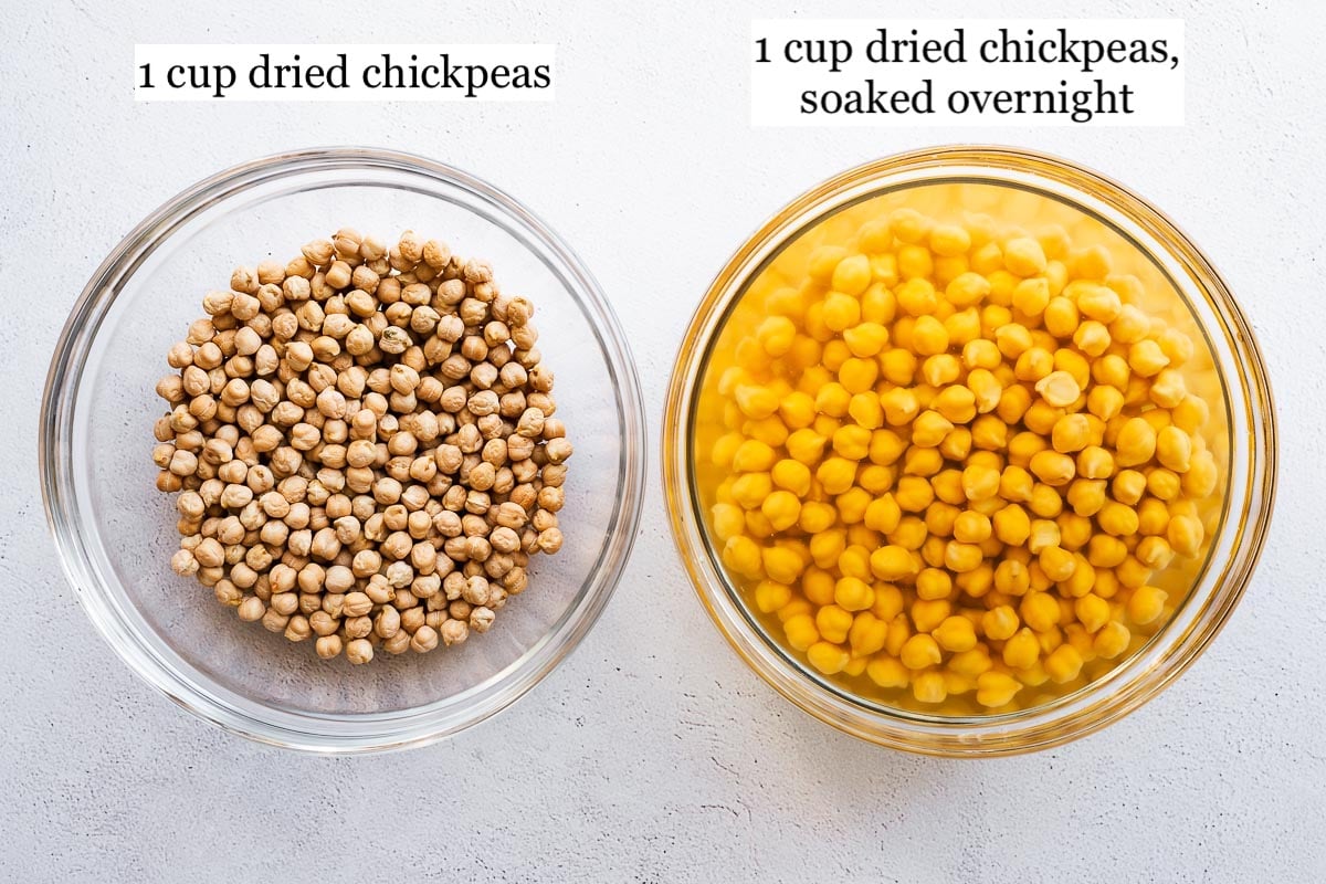 Dried chickpeas in a glass bowl next to dried chickpeas that were soaked overnight.