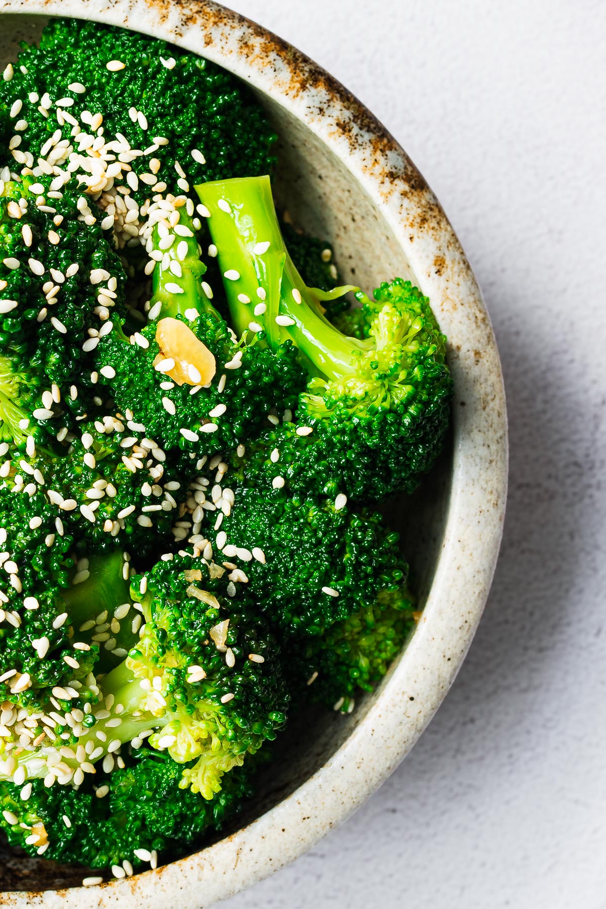Korean broccoli salad close-up viewed from above.