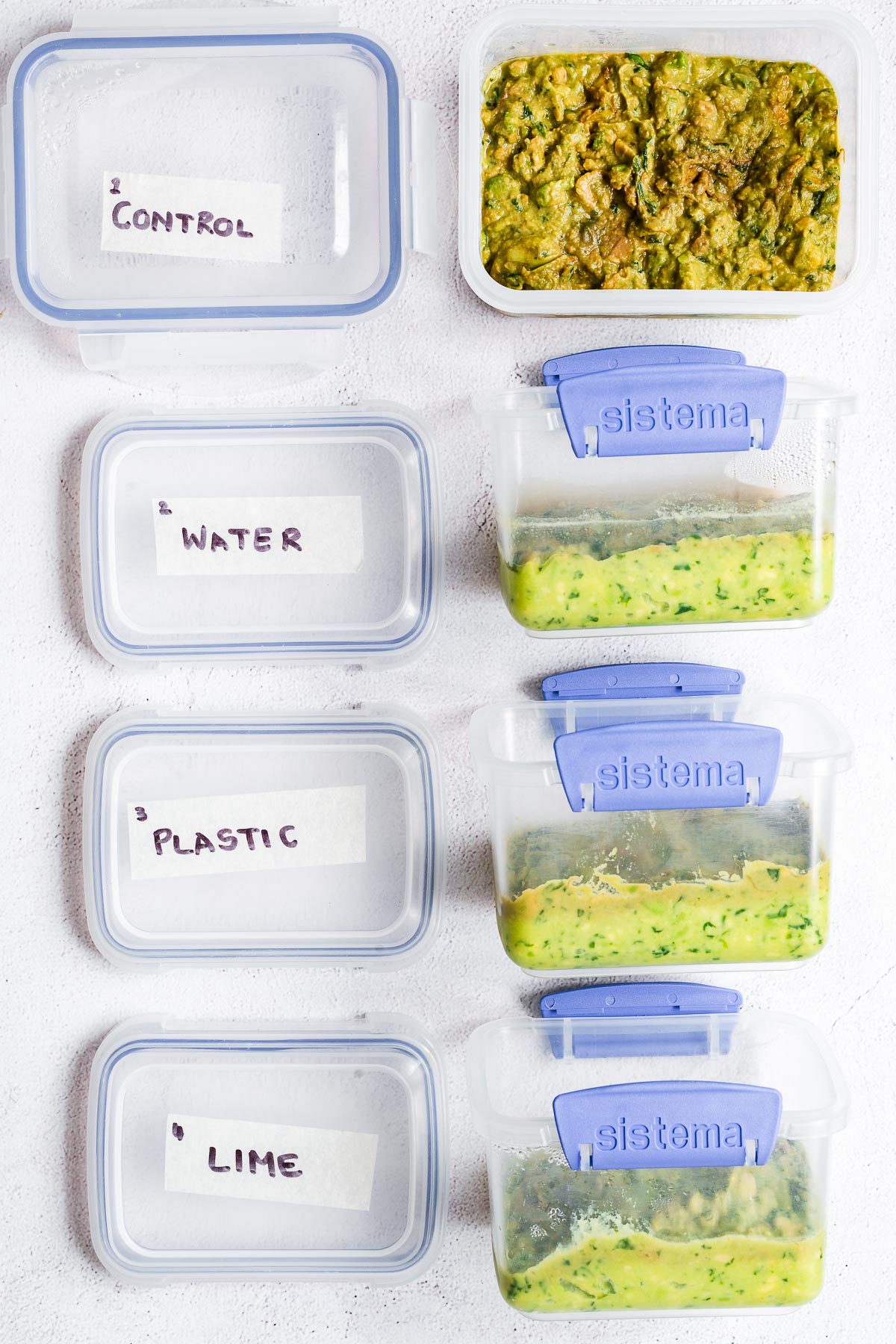 Homemade guacamole in airtight containers with different storage methods after three days of refrigeration.