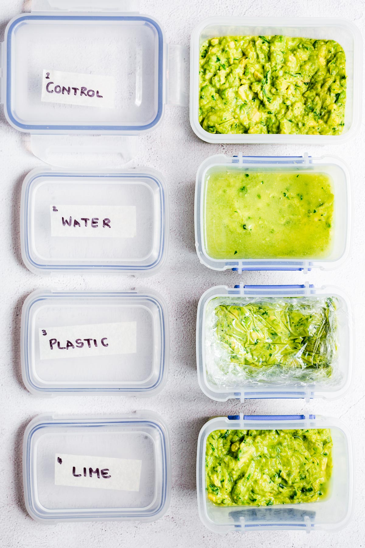 Homemade guacamole in containers with four different storage methods.