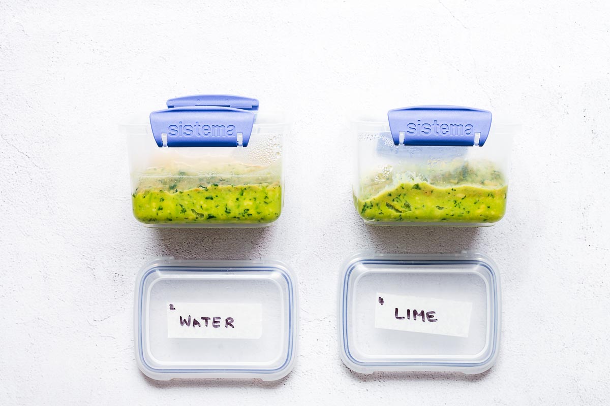 Close-up side view of guacamole stored with water vs guacamole stored with lime juice.
