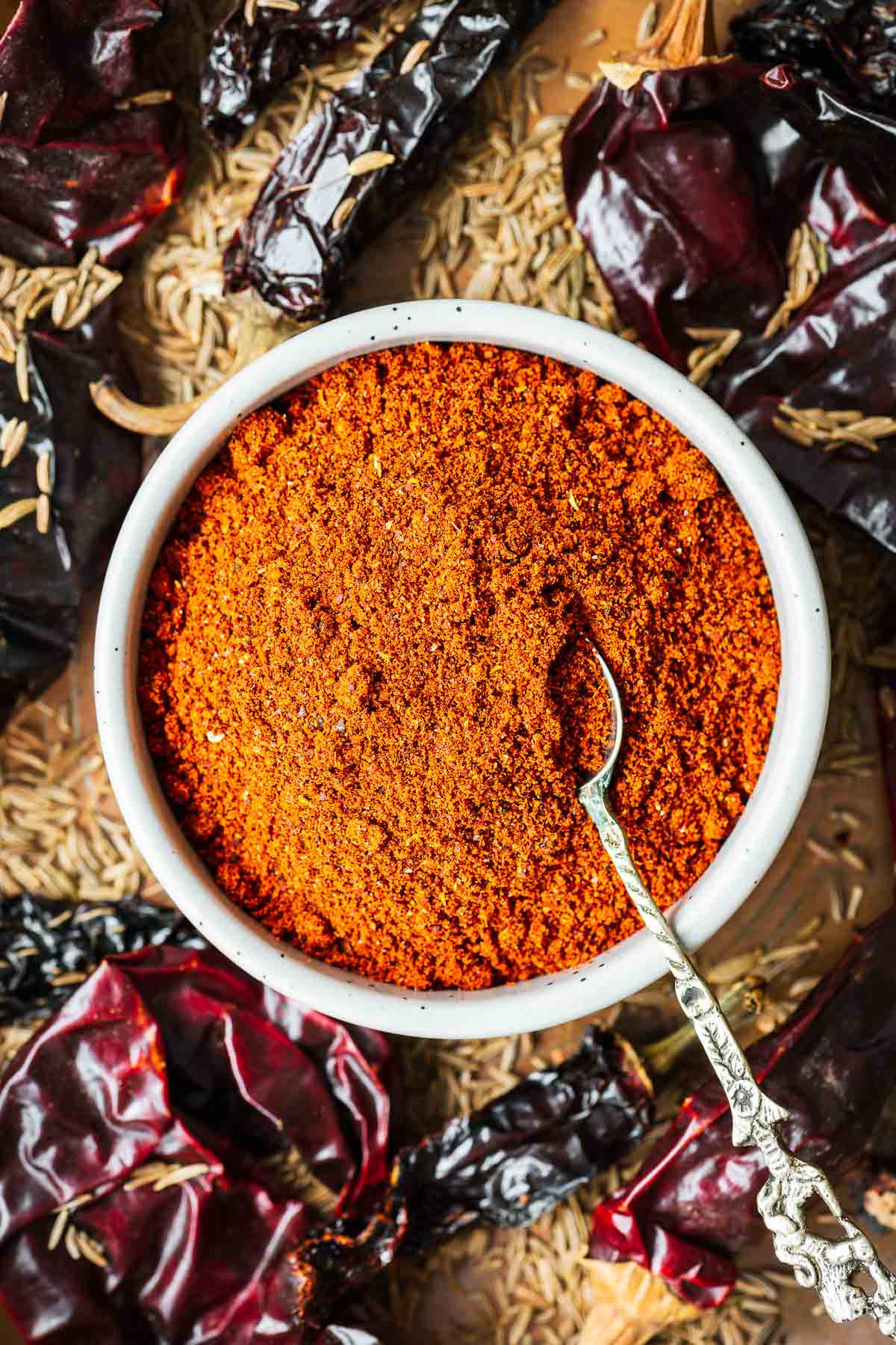 A bowl of harissa powder with a small spoon surrounded by dried chilies and spices.