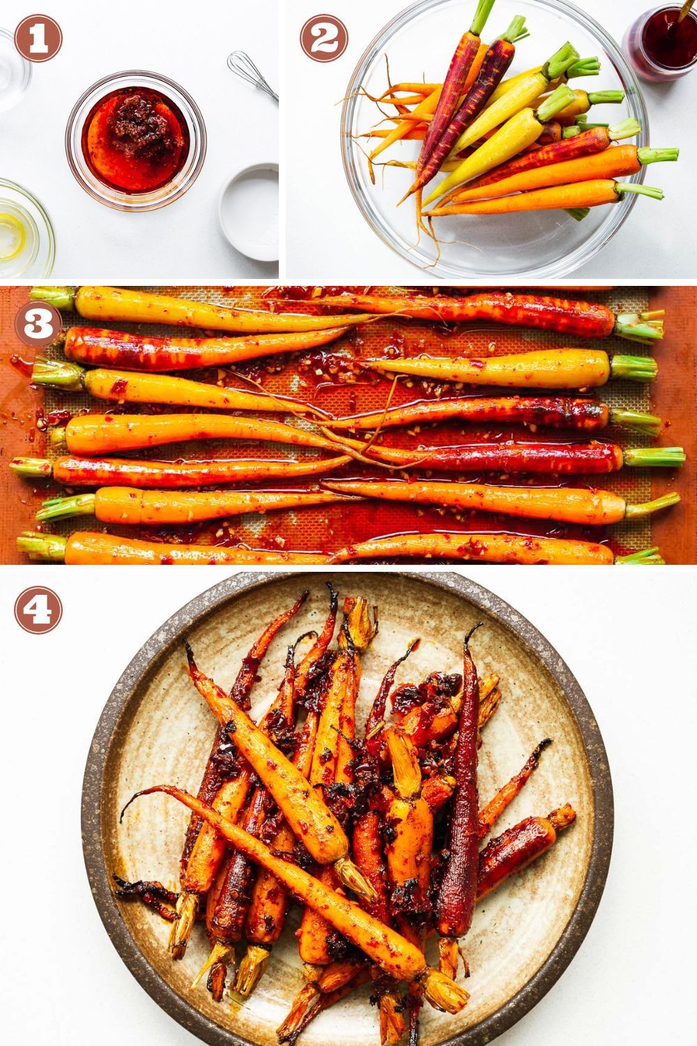 Step-by-step instructions for how to make harissa roasted carrots: Mix the marinade, toss carrots, roast carrots in harissa, and serve.