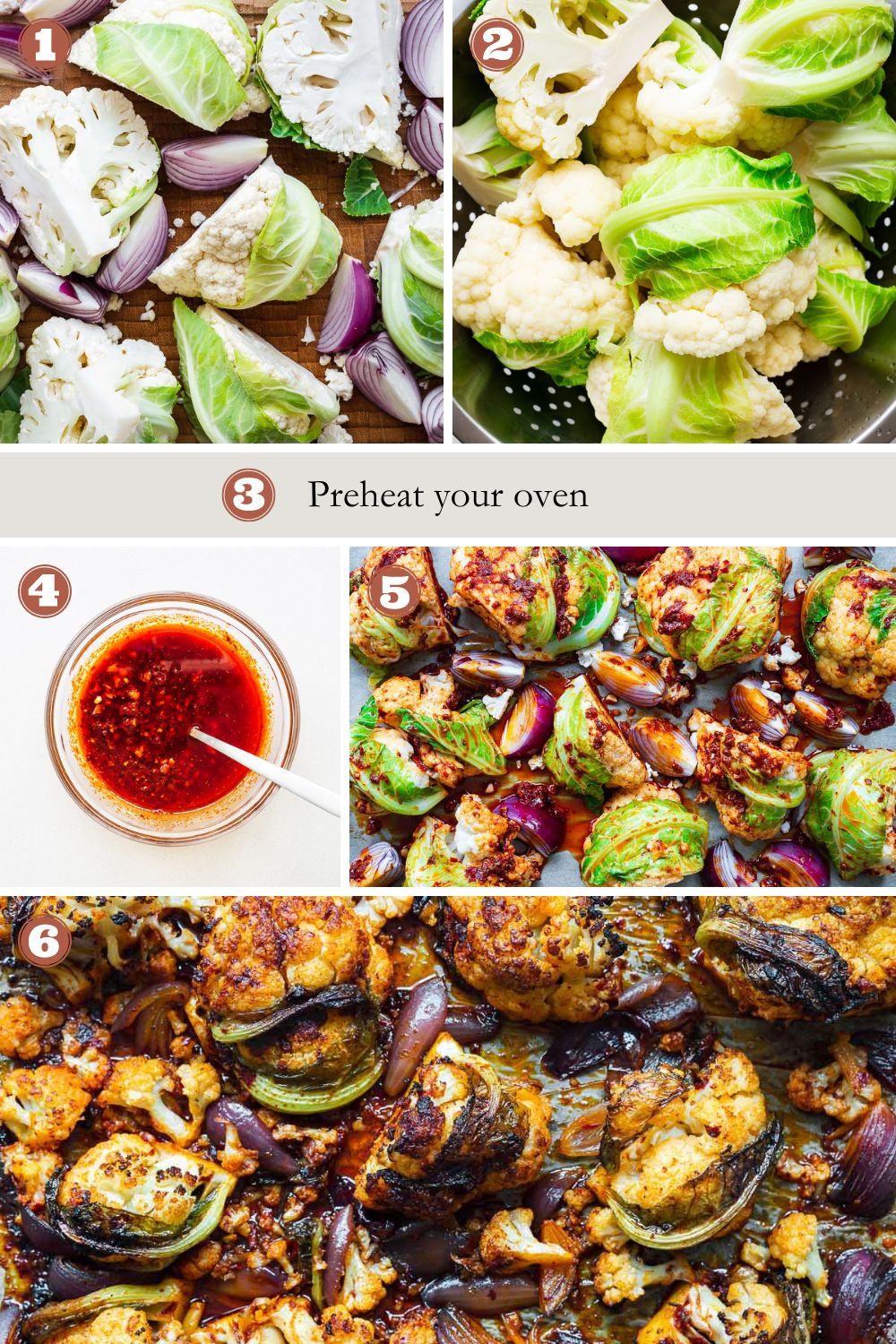 Step-by-step instructions for how to make harissa roasted cauliflower. 