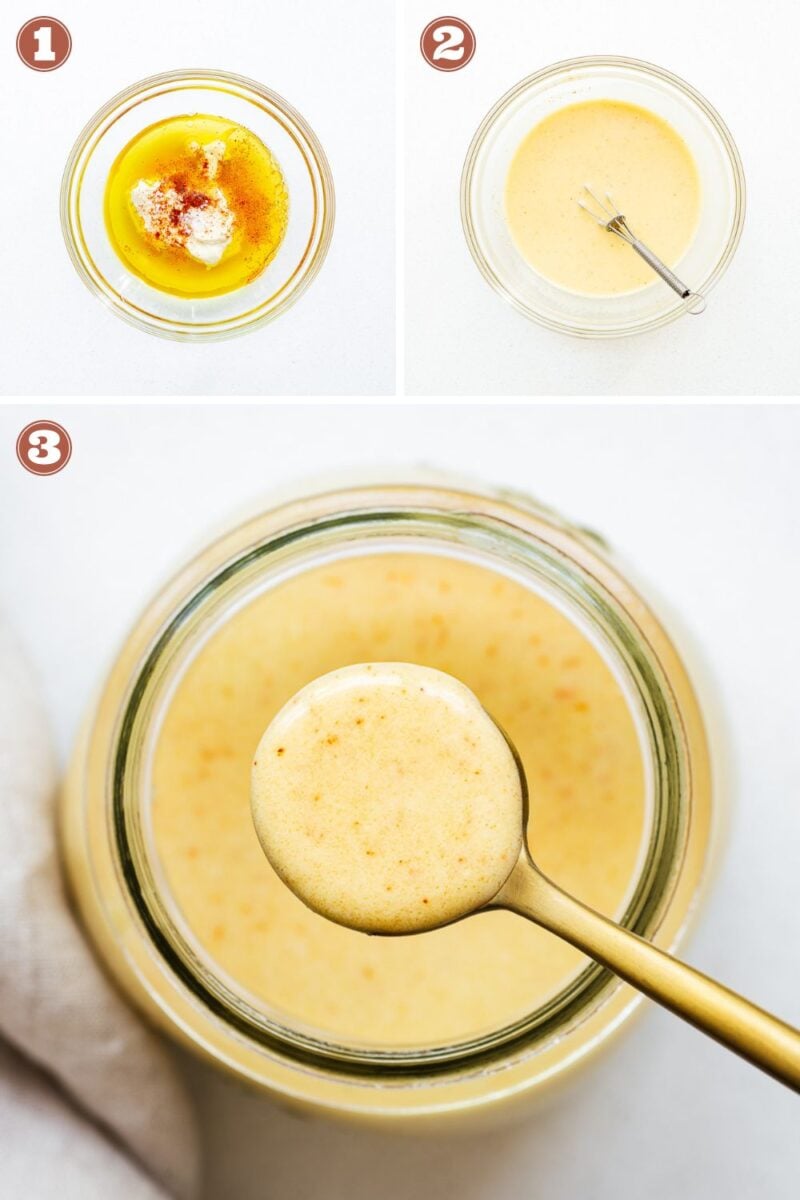 Step-by-step instructions for how to make hummus dressing.