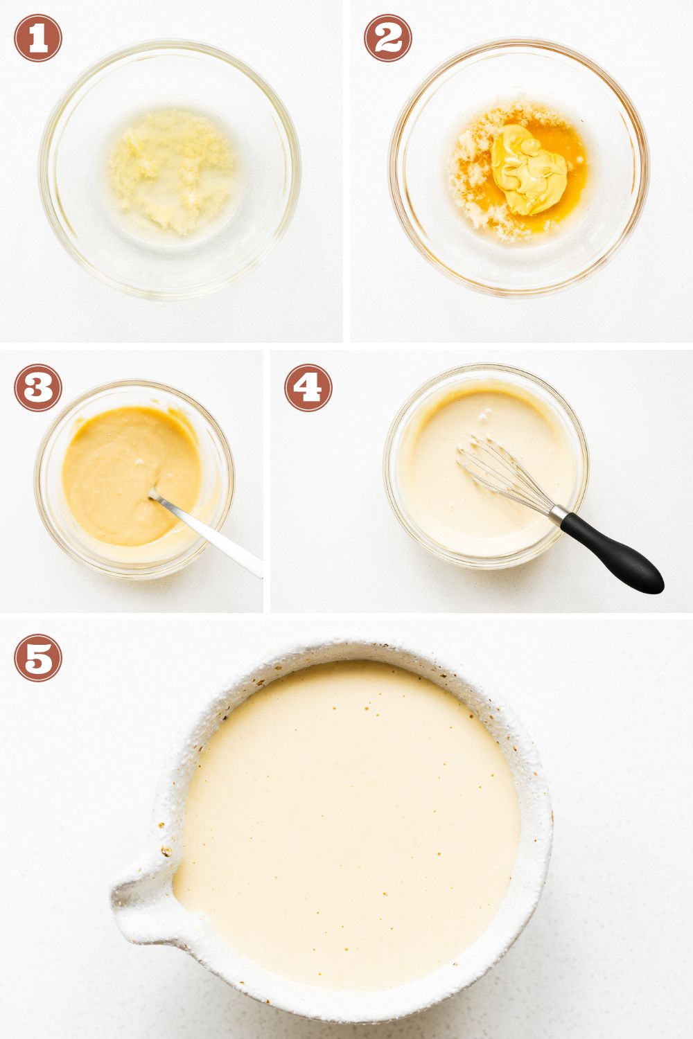 A step-by-step guide for how to make maple tahini dressing. The steps consists of mellowing garlic in vinegar, mixing in maple syrup and dijon mustard, adding tahini, whisking in water, and seasoning to taste.