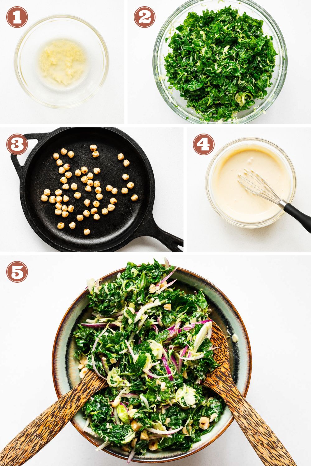 How to make vegan tahini kale salad in five easy steps: Mellow the garlic in vinegar, massage the kale, toast the hazelnuts, mix the tahini dressing, and assemble the salad.