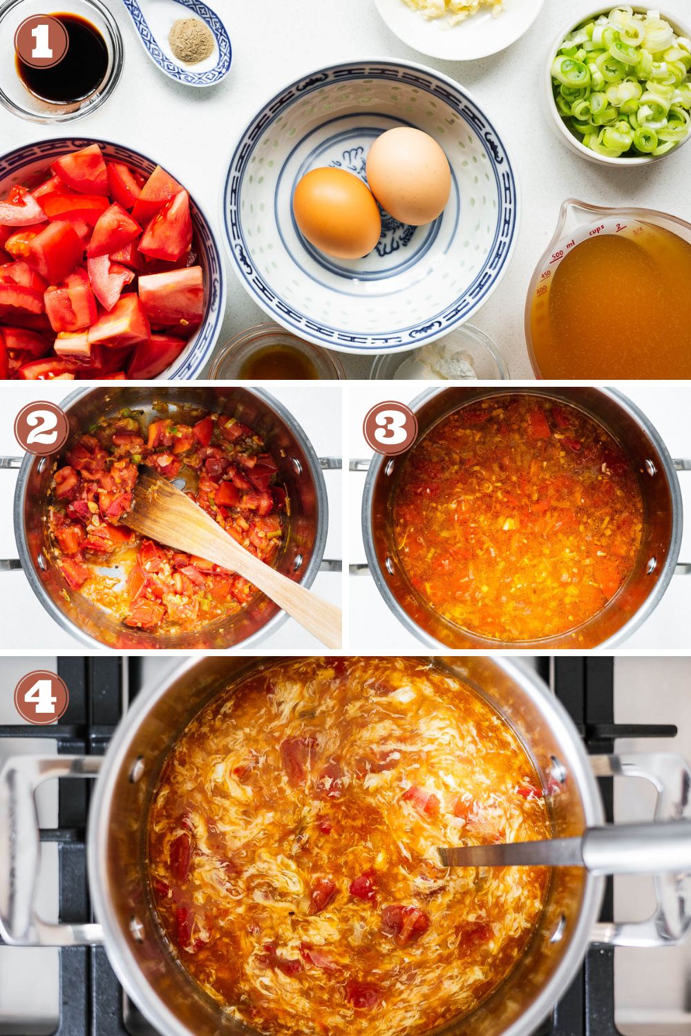 The four steps to make tomato egg drop soup: Prepare ingredients, stir-fry tomatoes, balance the broth, and create the egg ribbons.