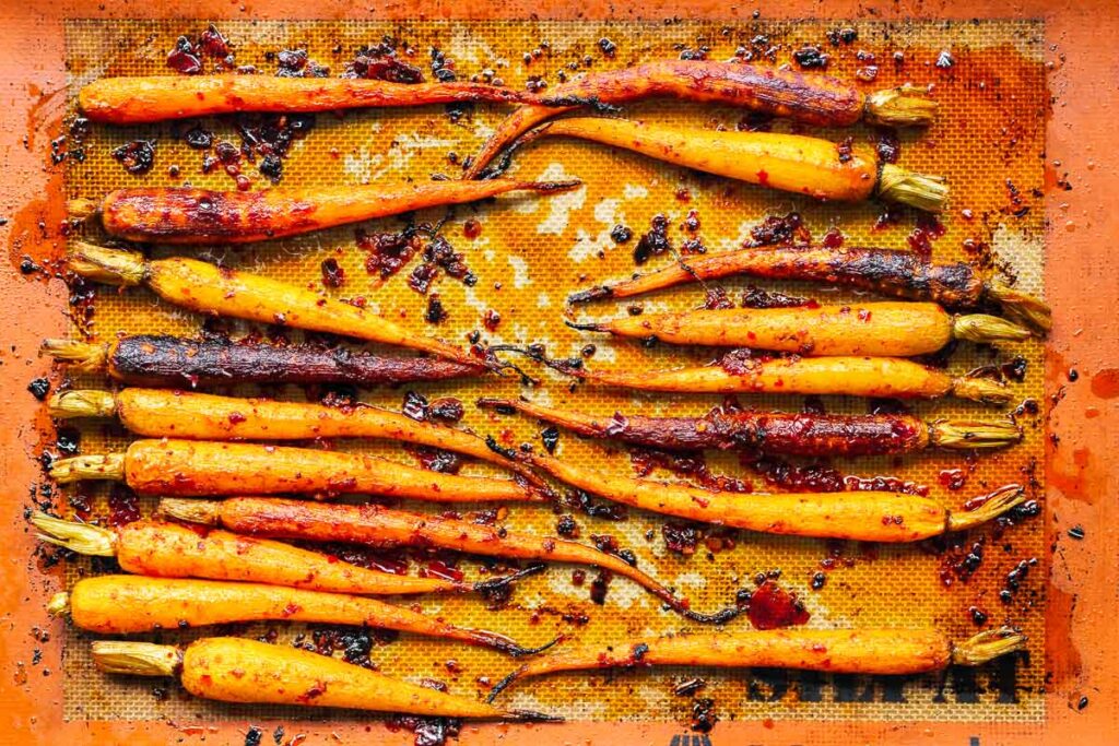 Rainbow carrots roasted in a harissa and maple marinade.