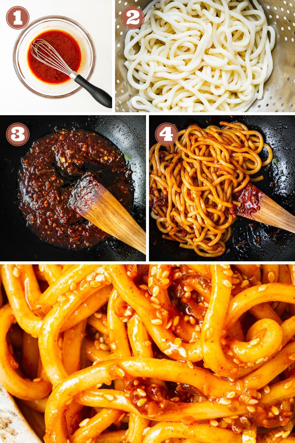 How to make spicy Korean noodles in four simple steps: mix sauce ingredients, cook udon noodles, cook gochujang noodle sauce, then add the cooked noodles.