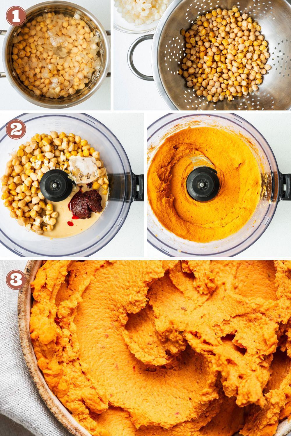 Step-by-step instructions for making ultra-smooth harissa hummus from canned chickpeas.