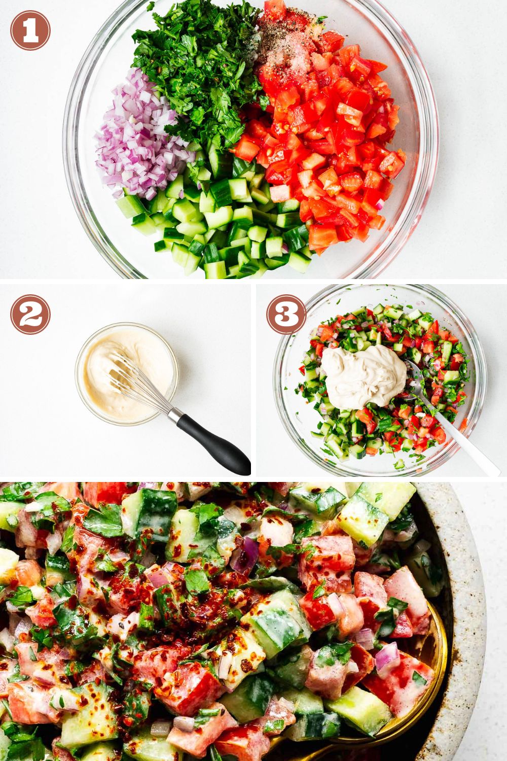 How to make tahini salad in three easy steps: prepare ingredients, make the tahini sauce and assemble the salad.