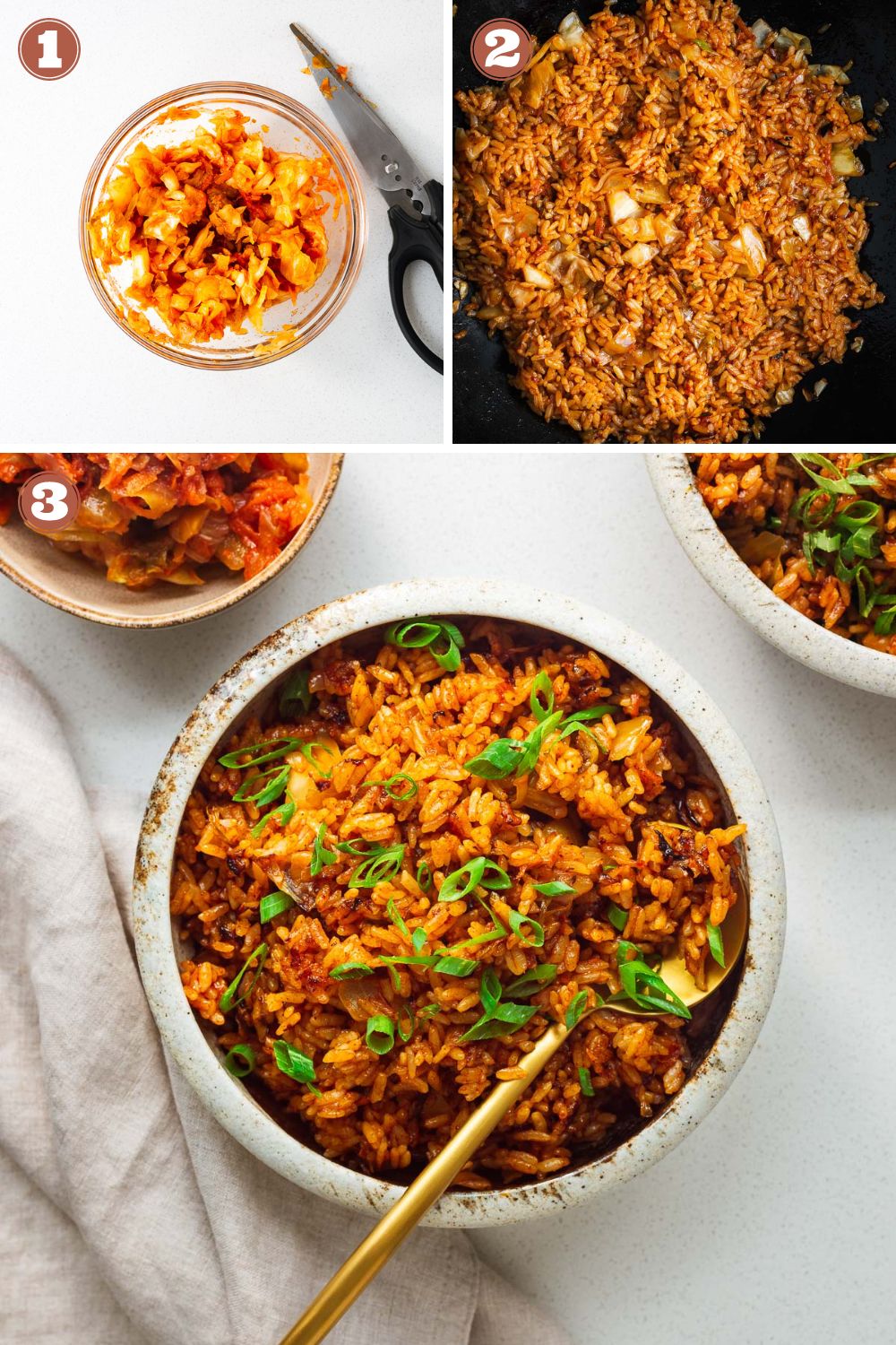 A composite image depicting the three steps for how to make gochujang fried rice: prep ingredients, stir-fry and serve.