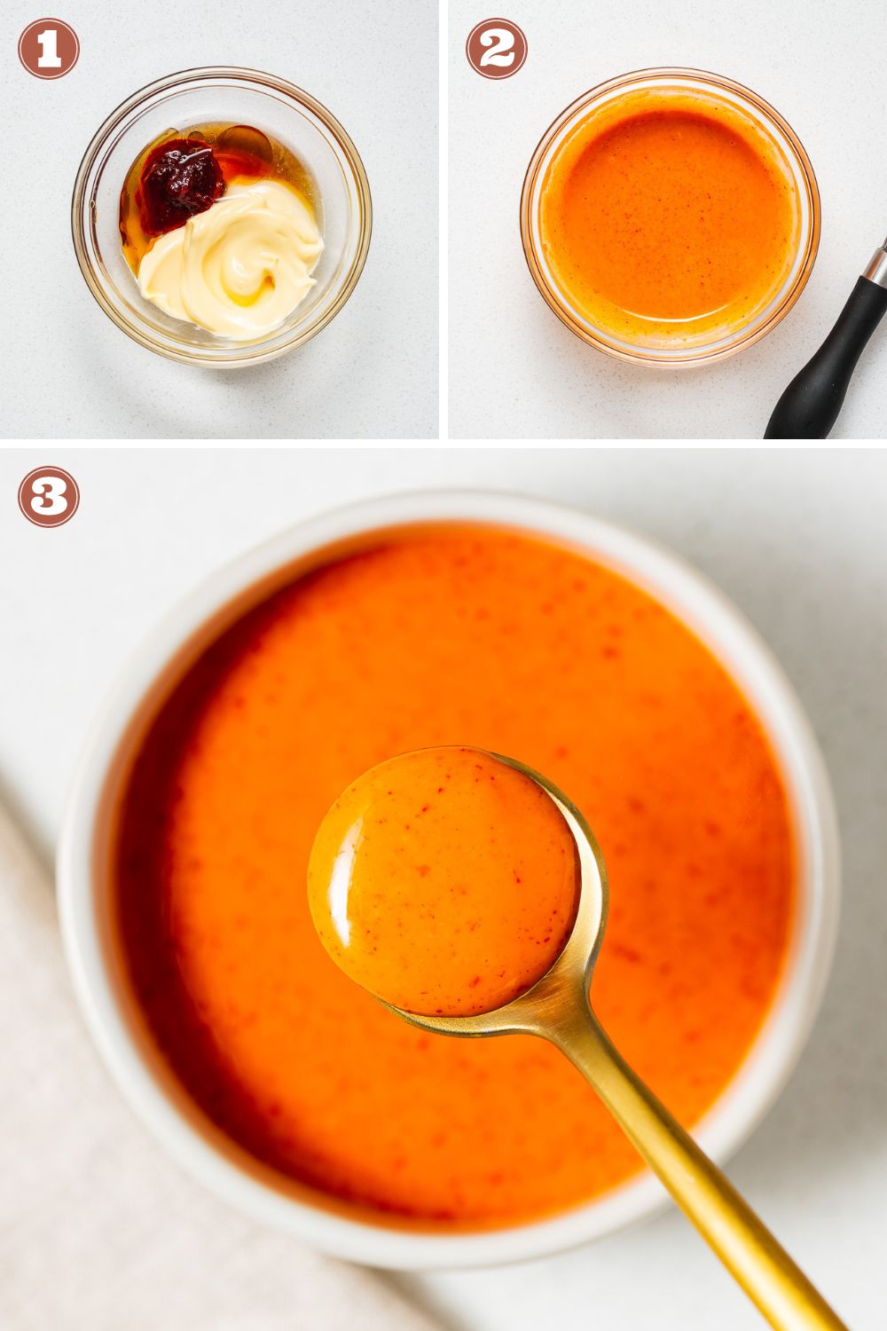 A composite image with steps for how to make gochujang mayo.