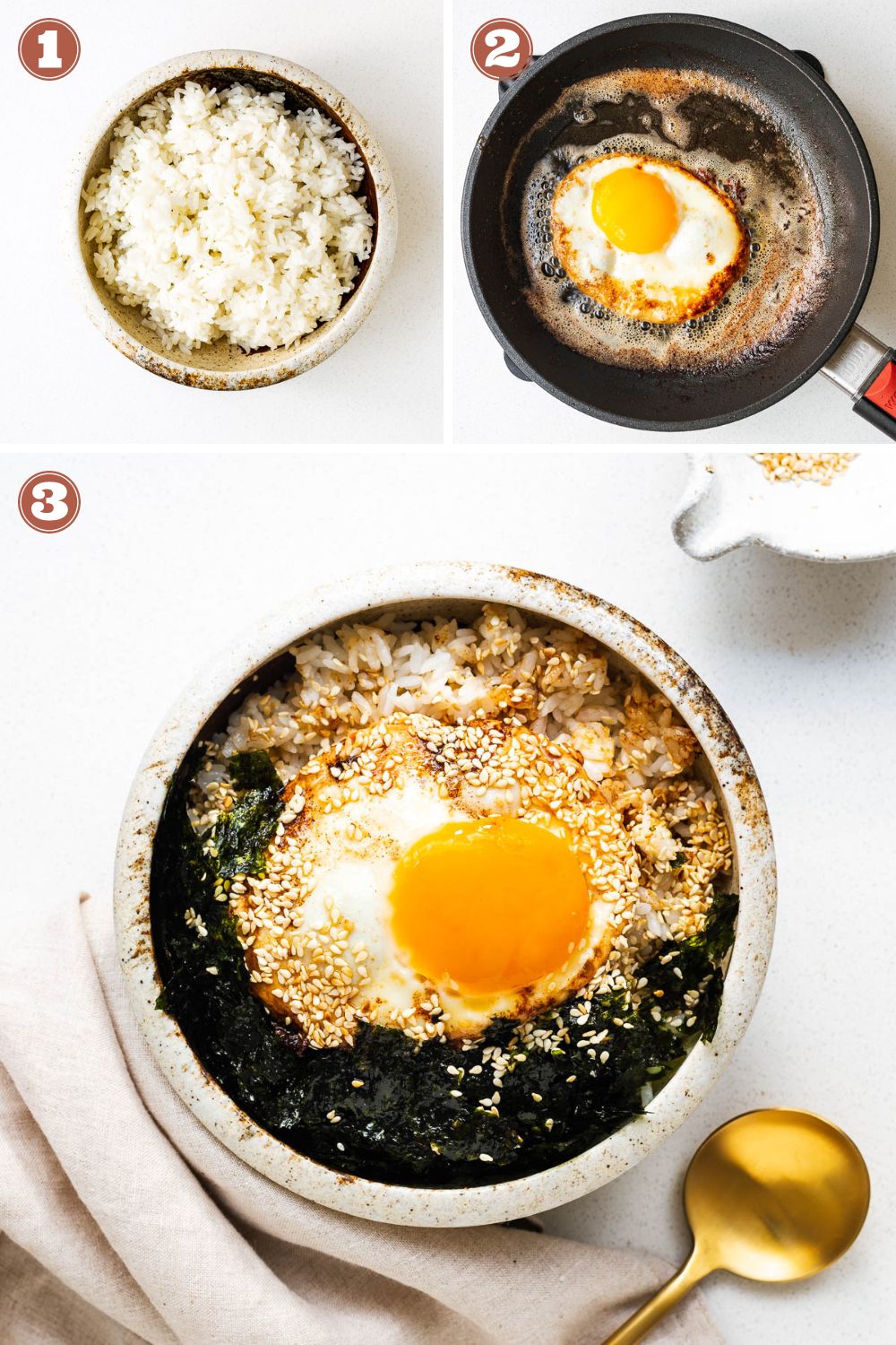 A composite image of how to make gyeran bap in three steps. A bowl of white rice, a fried egg, and a ceramic bowl with egg, rice, seaweed and sesame seeds.