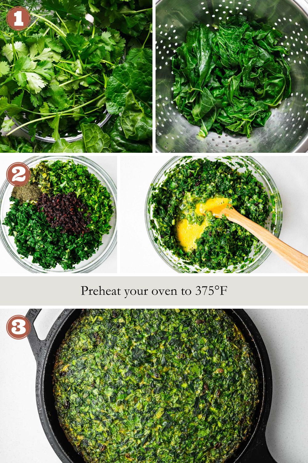The three steps to make kuku sabzi: prepare ingredients, mix the greens with eggs, and bake in a preheated oven.