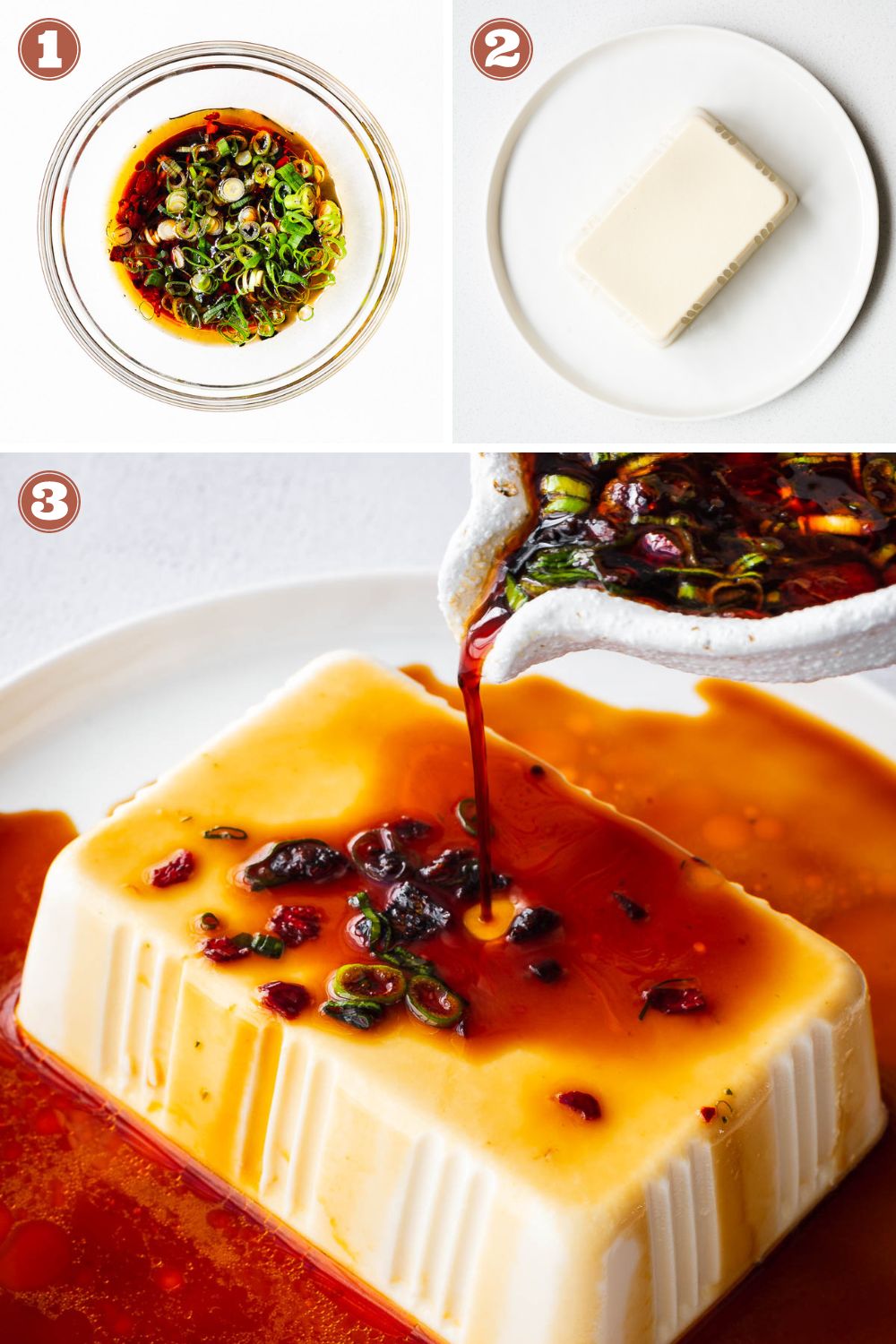 How to make silken tofu with soy sauce composite image in three steps: Make the marinade, drain the tofu and pour the spicy soy sauce over the smooth tofu block.