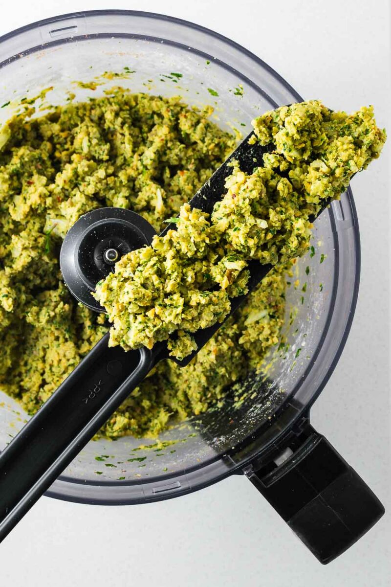 Close-up of the required coarse texture of the falafel mixture using canned chickpeas.