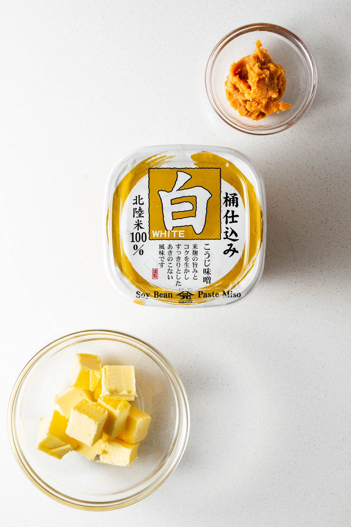 Miso butter ingredients arranged on a kitchen counter.