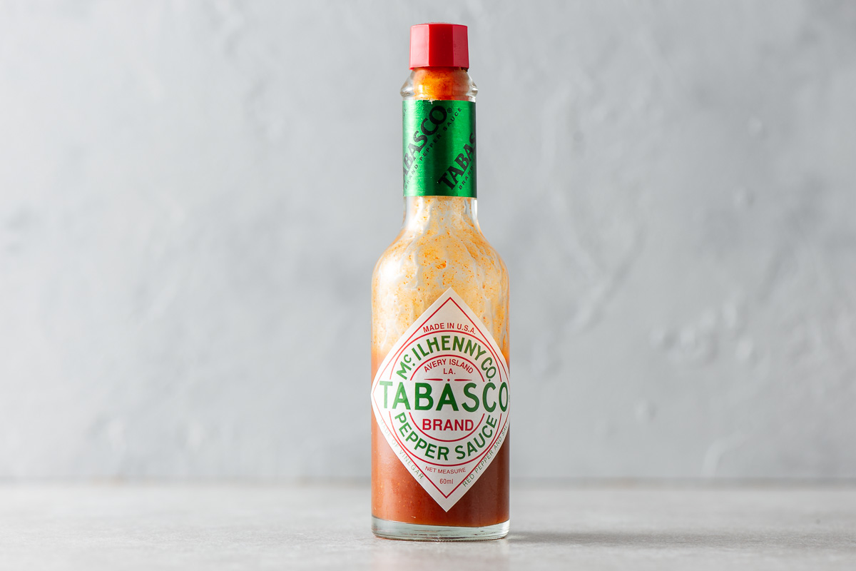 A half-empty bottle of Tabasco hot sauce.