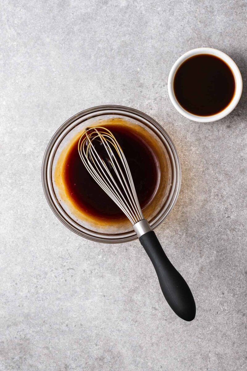 Tomato ketchup, oyster sauce, soy sauce and sugar whisked together with a small bowl of Worcestershire sauce on the side.