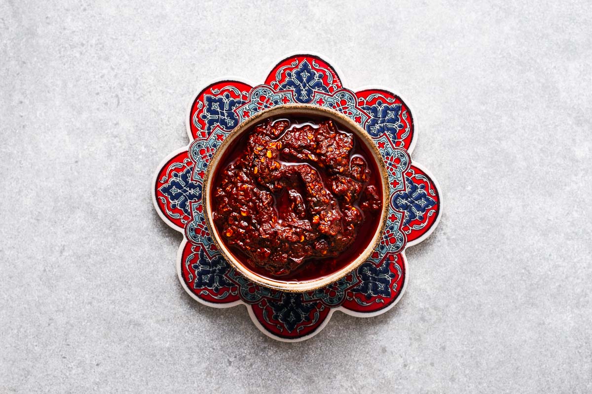 Homemade harissa paste in a bowl.