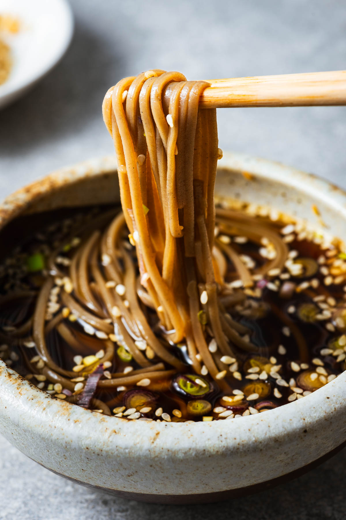 Cold soba noodles dipped into a mentsuyu noodle dipping sauce.