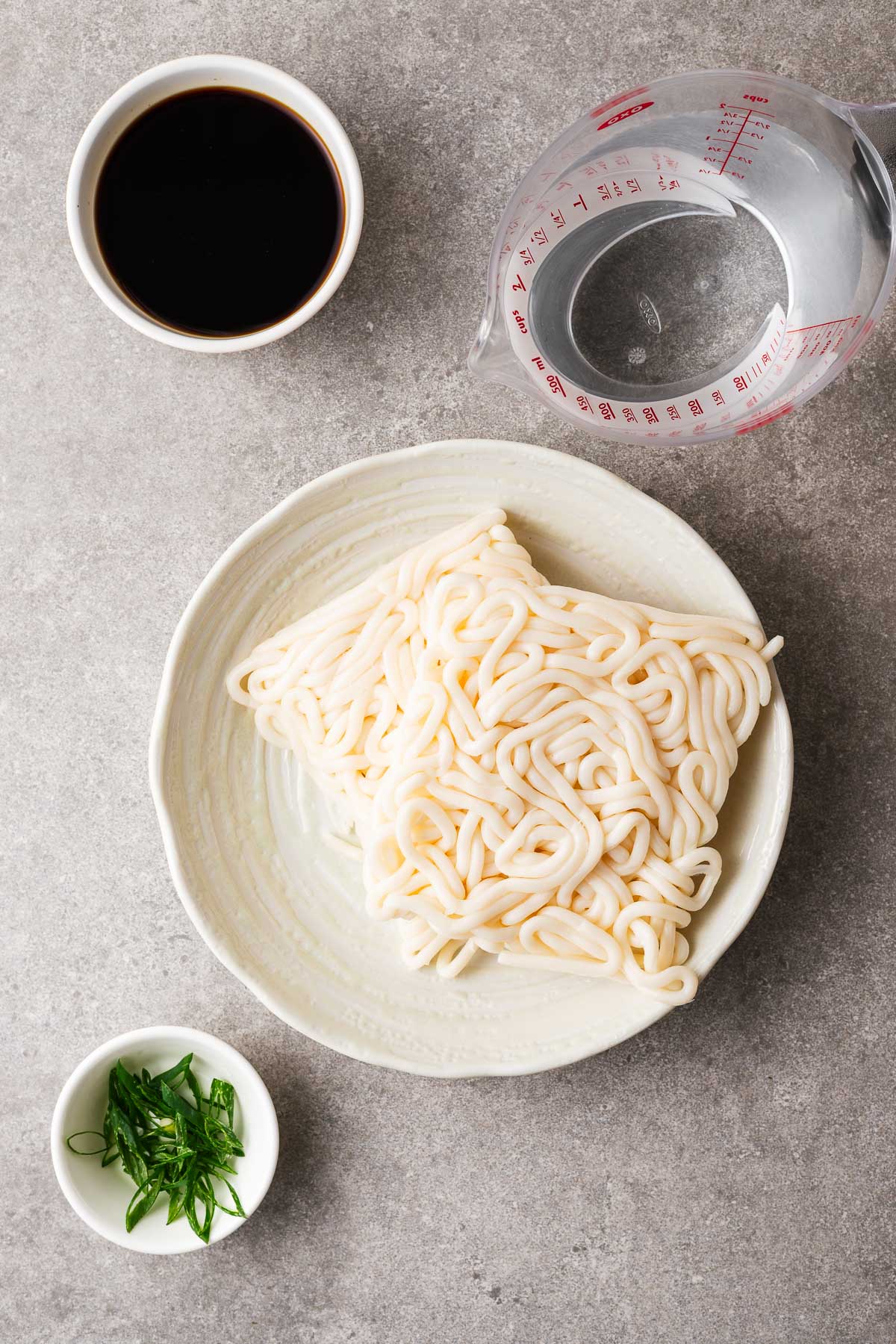 Ingredients for kake udon including mentsuyu concentrate, udon noodles, sliced green onions and water.