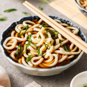 A bowl with kake udon (simple Japanese udon noodle soup).